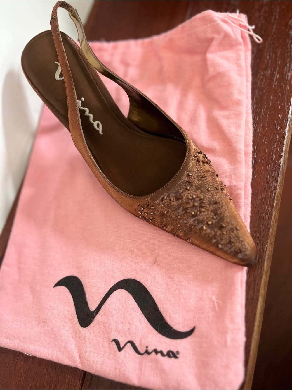 Nina Bronze Embellished Pointy Satin Slingback Heels NWT & Dustbag - Picture 9 of 11